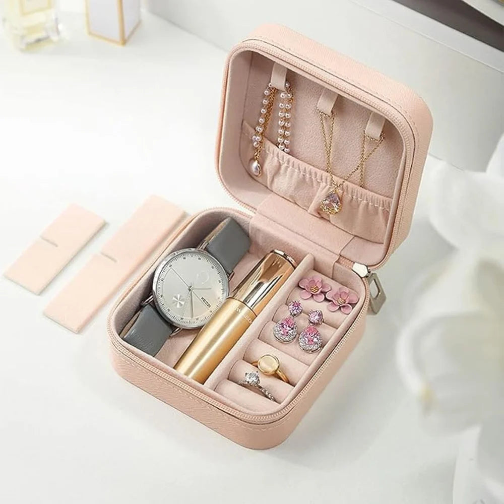 Brown Large Leather Jewellery Box Jewellery Organiser PU Leather Zipper Square Portable Mini Square